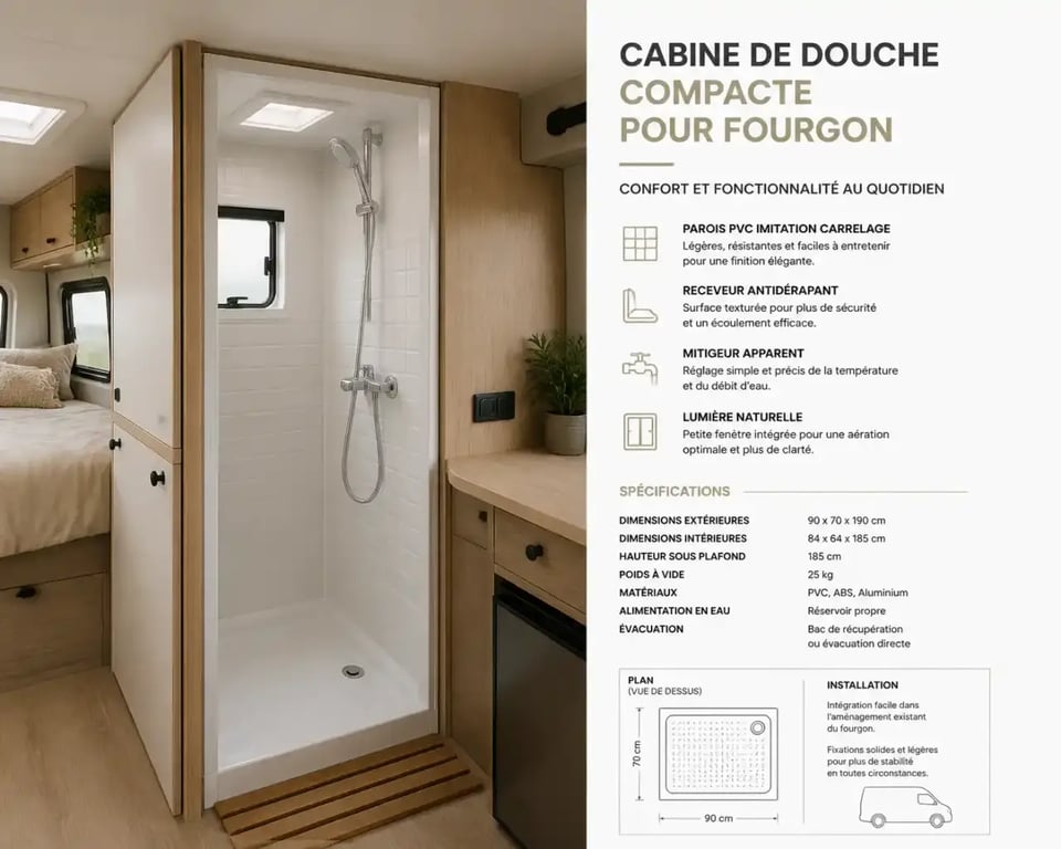 Douche van aménagé avec cabine fixe et parois PVC dans un fourgon
